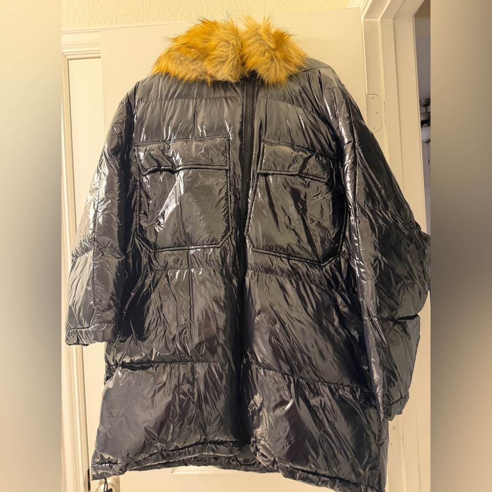 Boohoo Plus Shiny Black Puffer Jacket with Faux Fur Hood